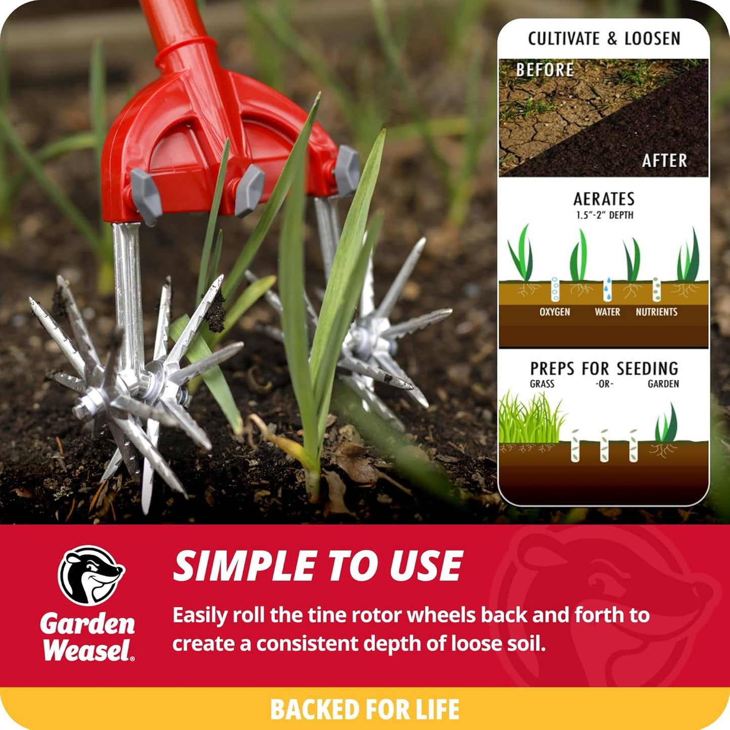 Garden Weasel Rotary Cultivator & Hand Tiller - 2-in-1 | Aerate, Weed, Cultivate, Plant, Reseed | Lawn Reseeding Garden Tool, Garden Soil Loosener | 91206