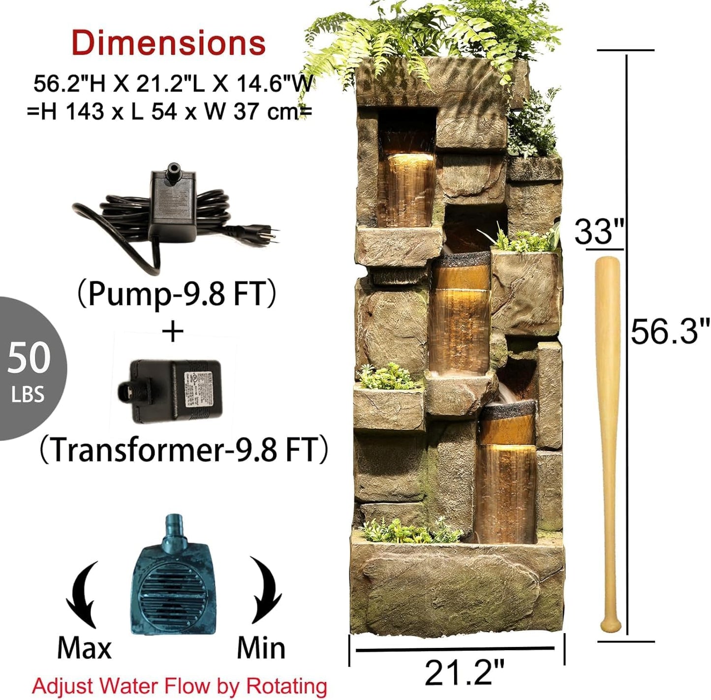 Garden Outdoor Water Fountain, 56.3" H 3-Tiered Imitation Rock Waterfall Fountain with LED Lights and Pumps for Garden, Patio, Backyard, Deck, Porch and Home Art Decor