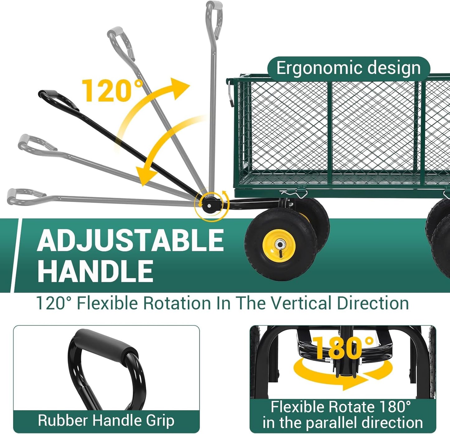 Heavy Duty Steel Garden Cart, 1100 LBS 3 in 1 Pullable Metal Garden Wagon with 10" Wheels, 180° Rotating Handle and Removable Sides for Farm, Yard