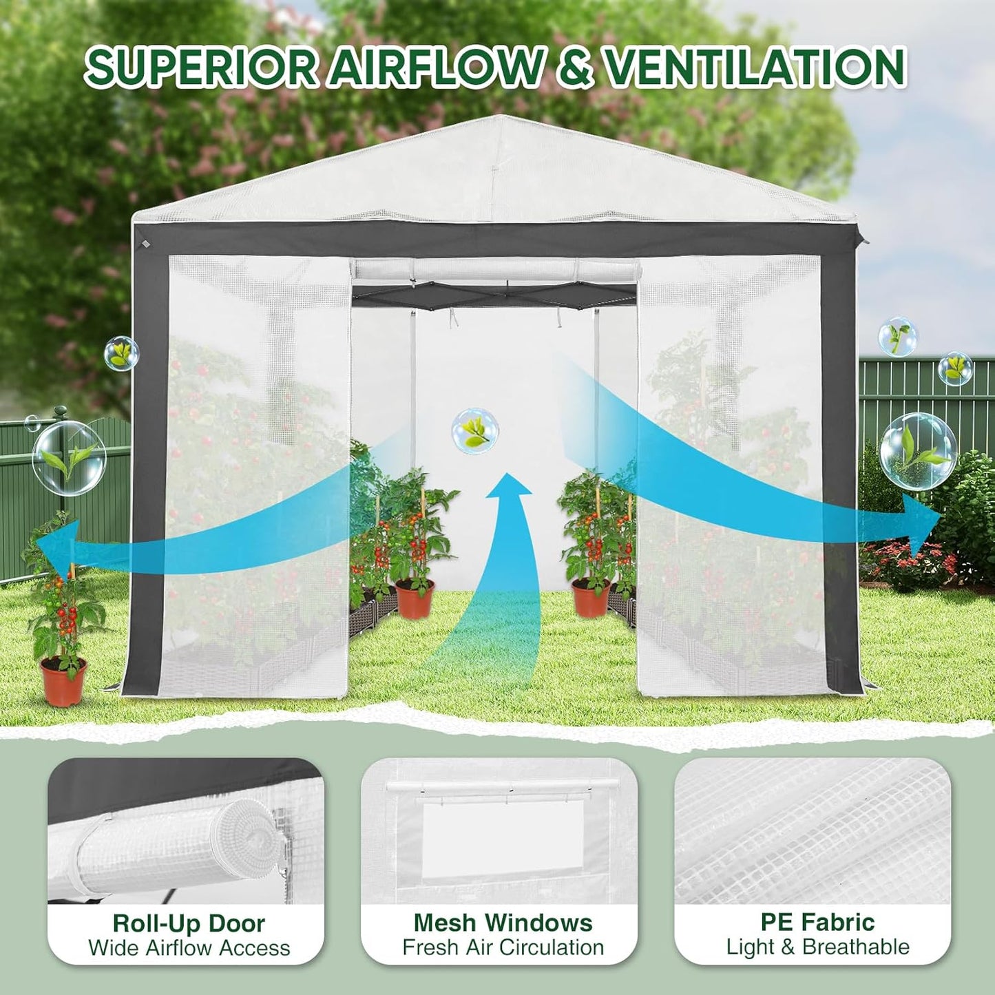 EAGLE PEAK 10x10 Portable Walk in Greenhouse with Polyester Reinforced Corners, Instant Pop up Indoor Outdoor Gardening Green House, Roll Up Zipper Entry Doors and Mesh Windows, Gray/White