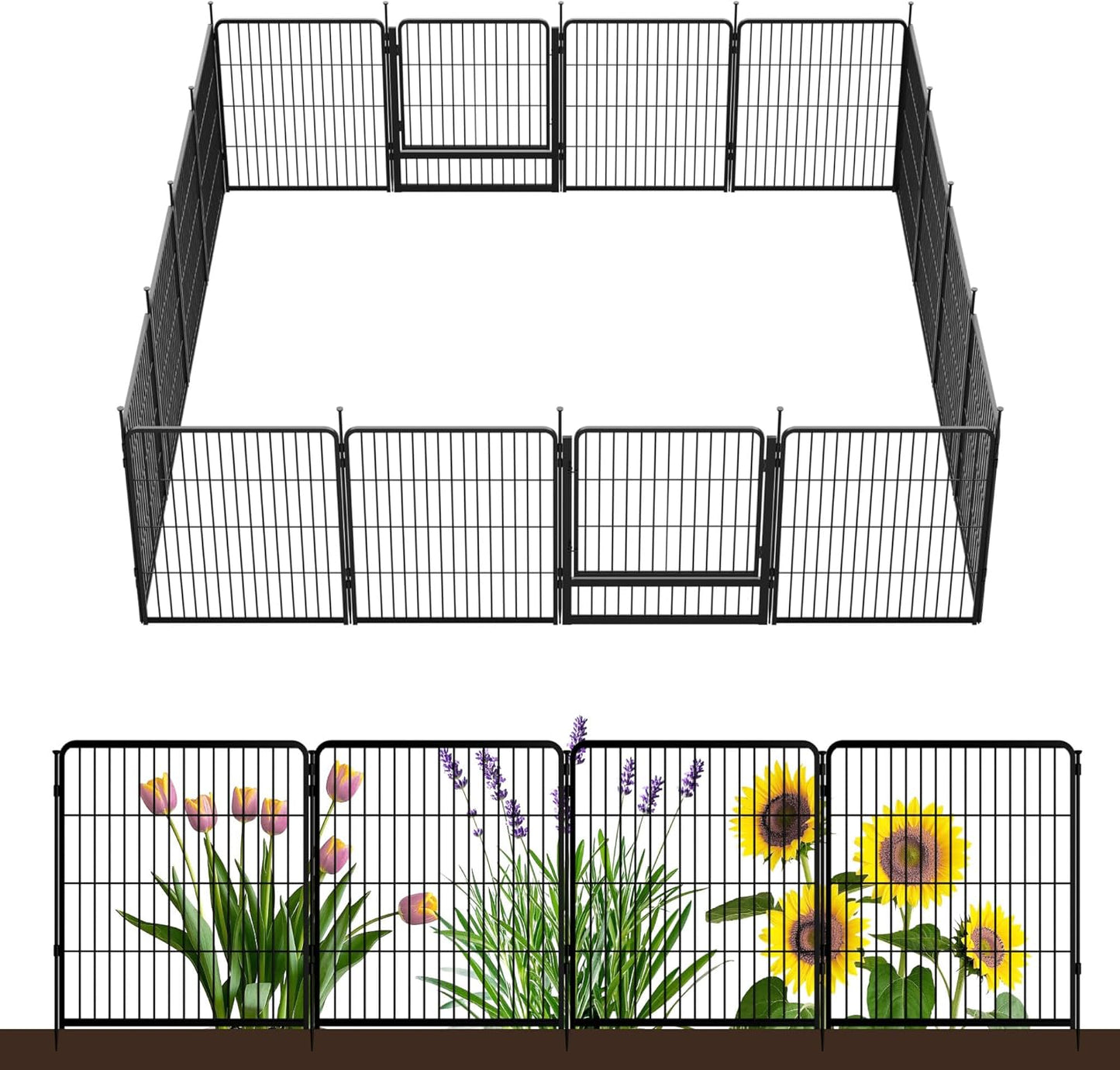 Decorative Garden Fence with Gate 32 in(H) x 35.7 ft(L) 16 Panels, Heavy Duty Metal Animal Barrier Fence for Yard, Flower Bed Fencing, Garden Border Fence, Easy Set Up, Black