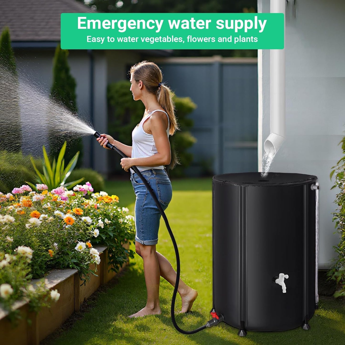 132 Gallon / 500L Collapsible Rain Barrel, Foldable PVC Water Barrels to Collect Rainwater from Gutter, Portable Water Collection System with Hose Spigot, Garden Water Catcher Collector Black