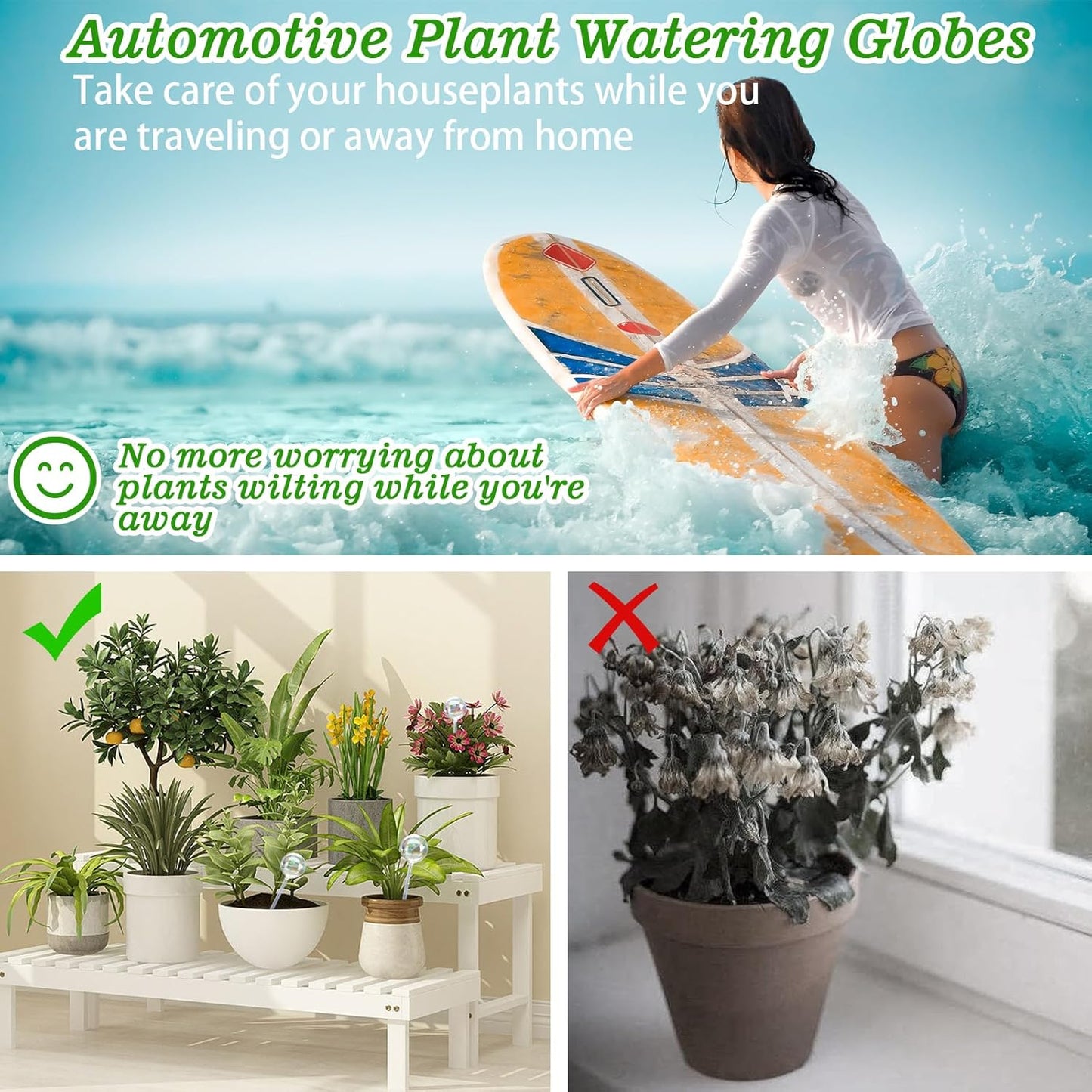 Large Plant Watering Globes, 3PCS Iridescent Rainbow Gradient Color Clear Glass Bulbs Self Watering Spikes Planter Insert, Automatic Plant Waterer Bulbs Devices for All Plants, 9" L * 2.75" D