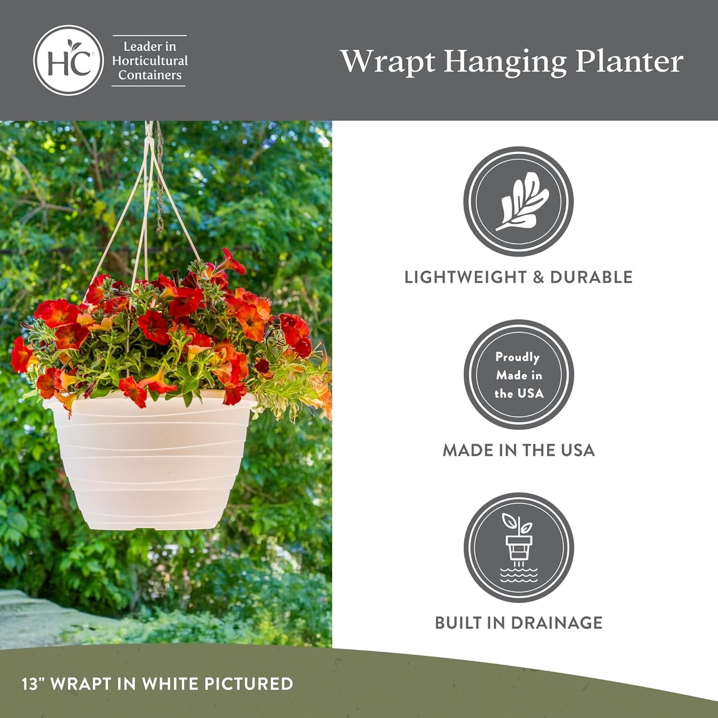 The HC Companies Wrapt Hanging Planters - Lightweight Plant Pot Hanger for Hanging Plants, Vegetables & Herbs - Outdoor & Indoor Hanging Basket for Plants (13" White, Pack of 2)