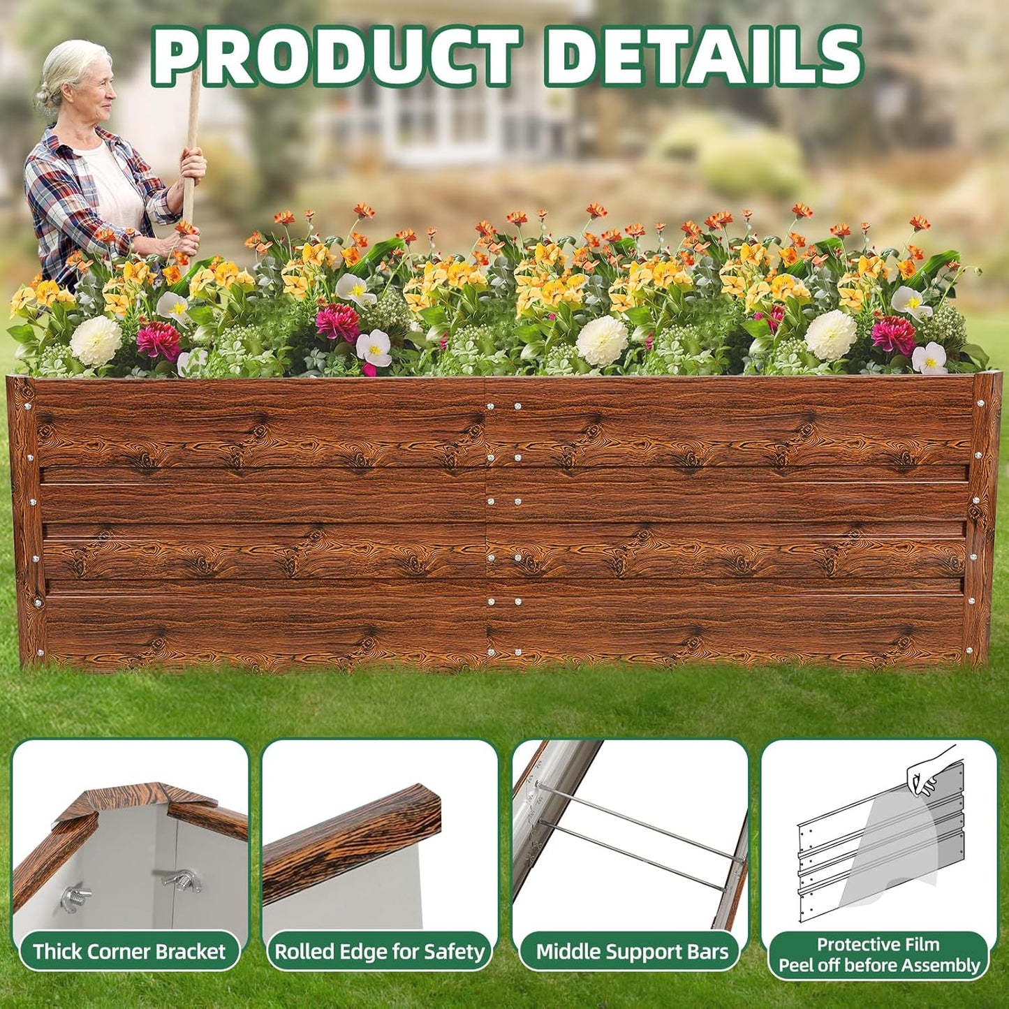 G GOOD GAIN 6x3x1.8ft Raised Garden Bed - Metal Planter Box Outdoor with Weed Barrier Fabric | Deep Root Raised Beds for Gardening Vegetables Flowers Herb Fruits (Wood Grain)