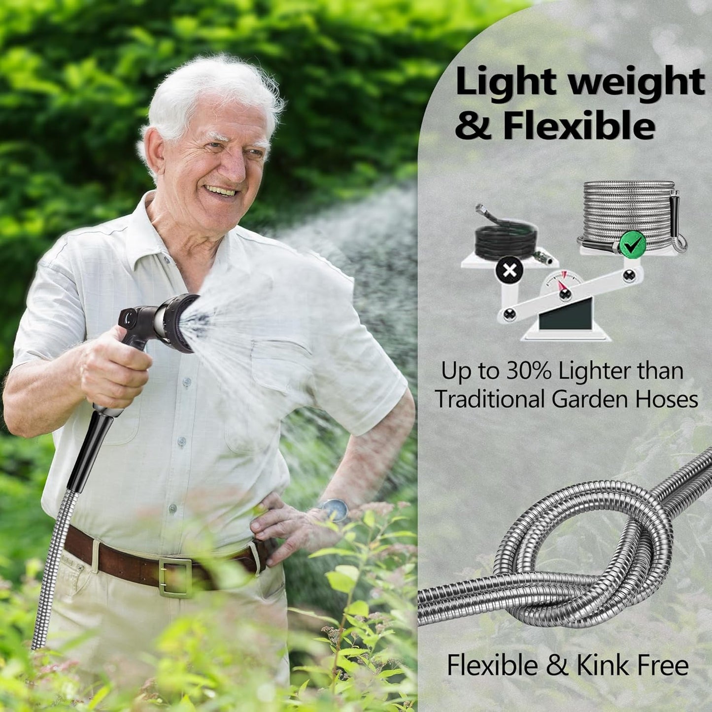 50 ft Garden Hsoe - 2025 New 304 Stainless Steel Garden Hose with 10-Function Spray Gun, 3/4'' Copper-Chrome Fittings – Lightweight, Durable, and Kink-Free, Metal Water Hoses for Gardening