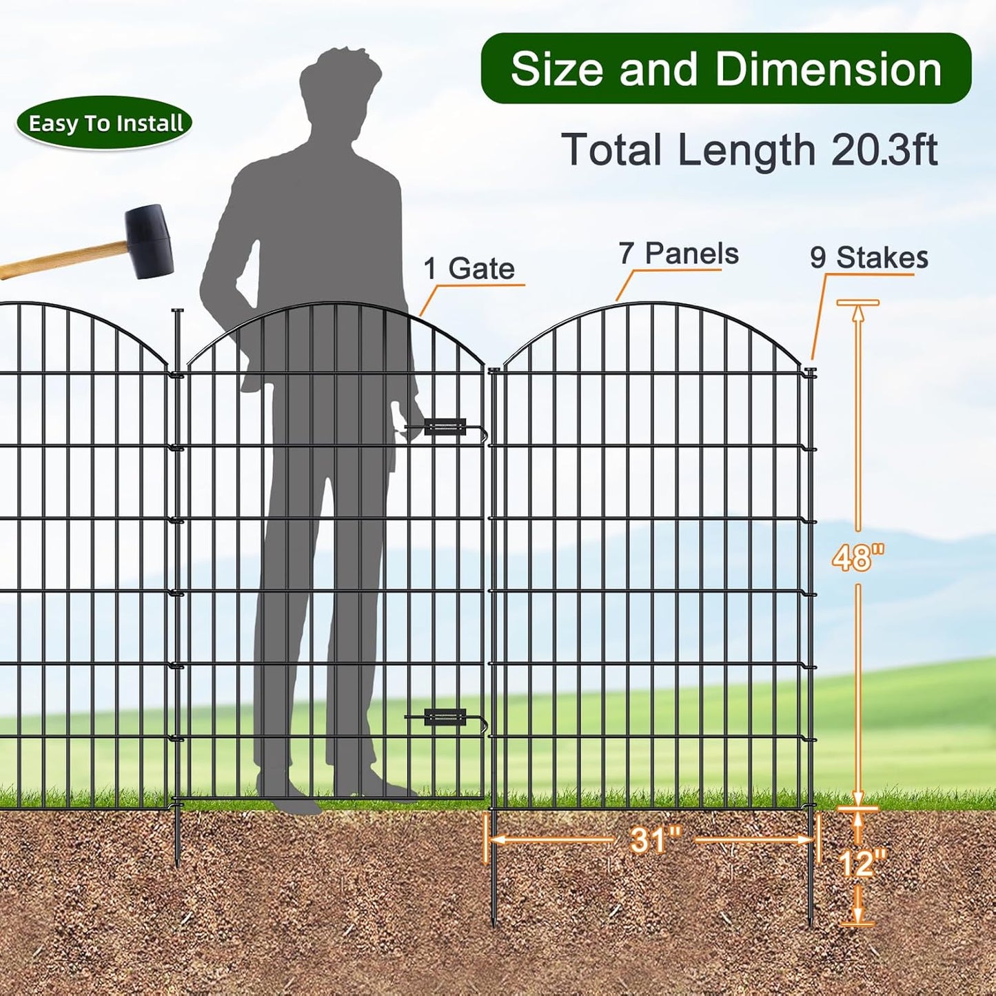 Metal Garden Fence with Gate 48in (H) x 20.3ft (L), 1 Gate+ 7 Panels Dog Fences Border Fence Animal Barrier, No Dig Garden Fencing for Yard Flower Bed Lawn Patio Outdoor, ECG4808G, Black