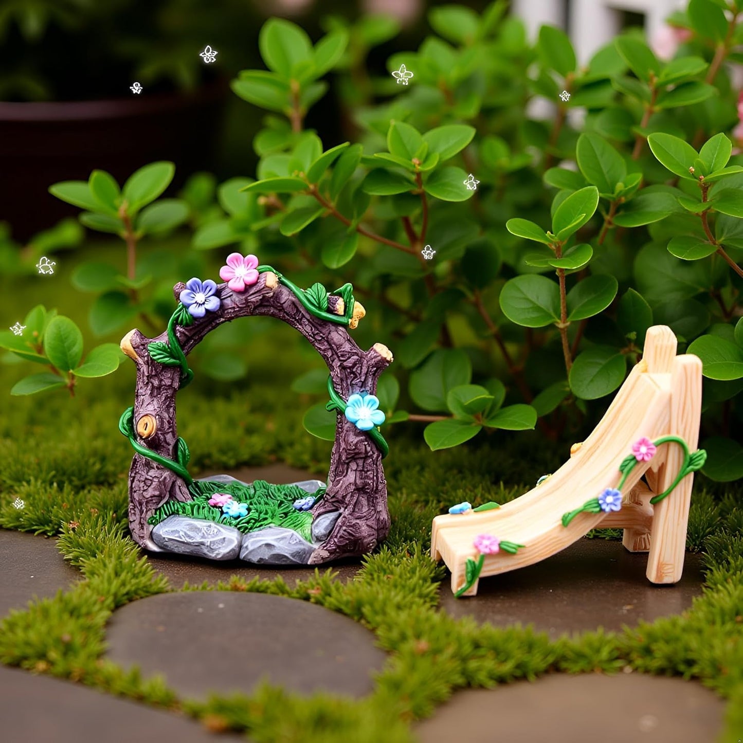 Kai Dream Miniature Fairy Garden Accessories Set, 2 Piece Resin Decorative Landscape Kit with Arch and Slide, Floral Garden Ornaments