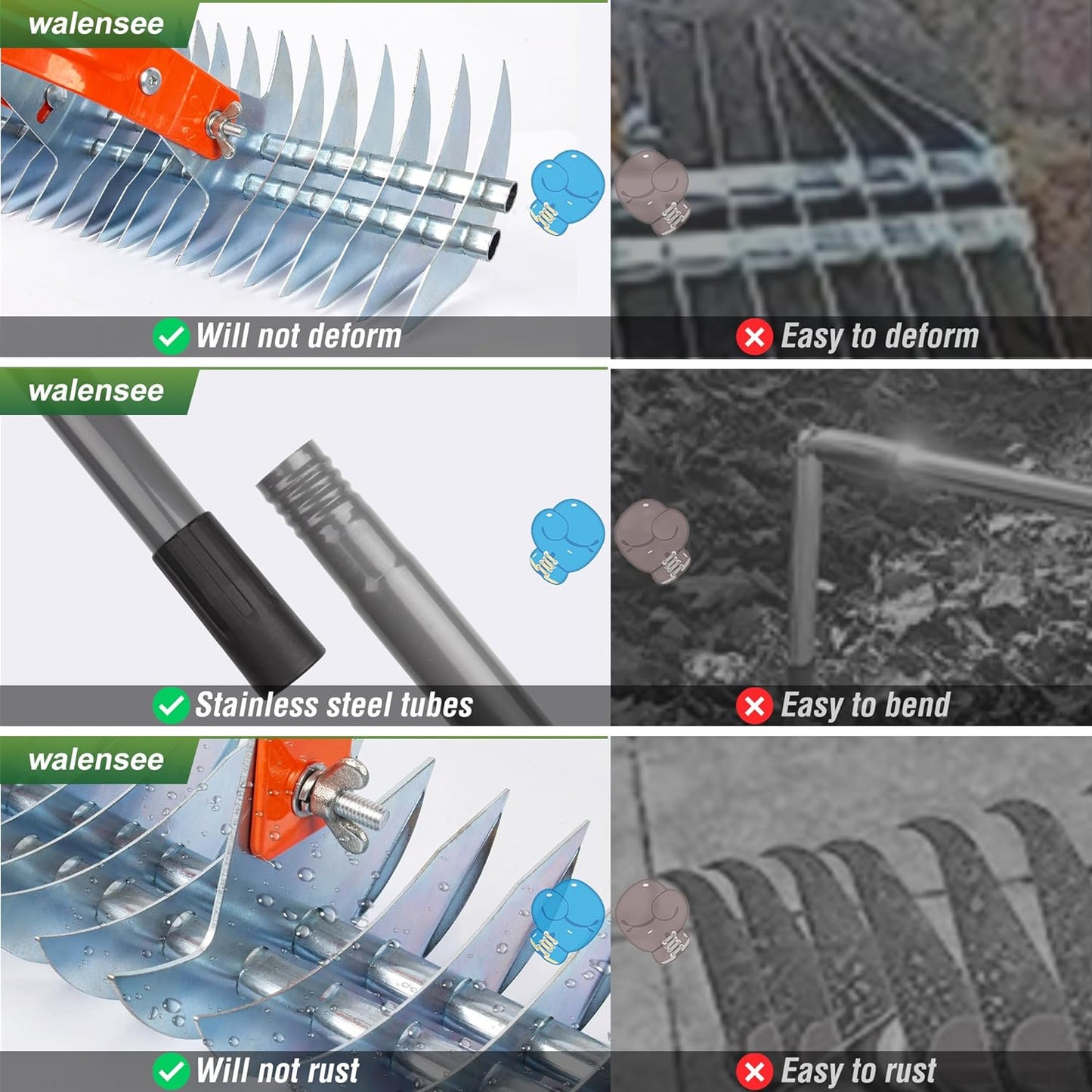 Walensee Thatch Rake, 15-Inch Lawn Thatching Rake, Robust Dethatcher Rake, Efficient Steel Metal Rake with Handle, Versatile Grass Grooming Rake for Cleaning Dead Grass, Yard Garden Durable Soil Rake