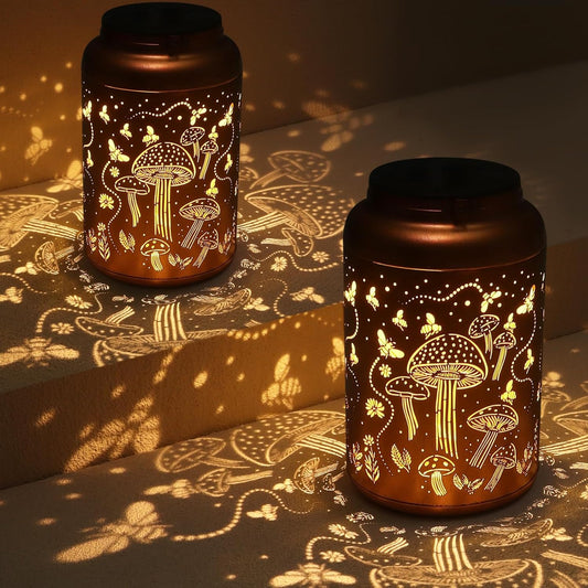 2 Pack Solar Lanterns Outdoor Waterproof, Mushroom Garden Decor Gifts for Women Mom Grandma Hanging Solar Lights Metal Solar Decoration Outside LED Lanterns for Yard, Patio, Lawn