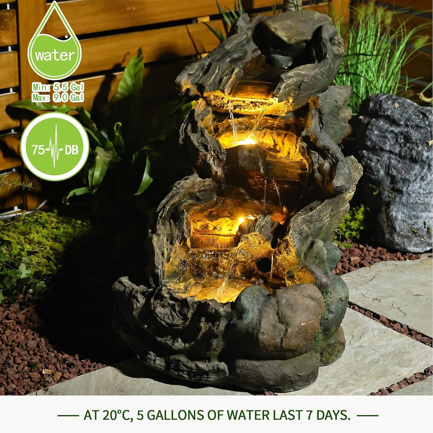 Garden Outdoor Water Fountain - 42.1 Inches Cascading Tiered Wood River Outdoor Fountain with LED Lights and Pumps for Garden, Patio, Backyard, Deck, Porch, Pond and Home Art Decor