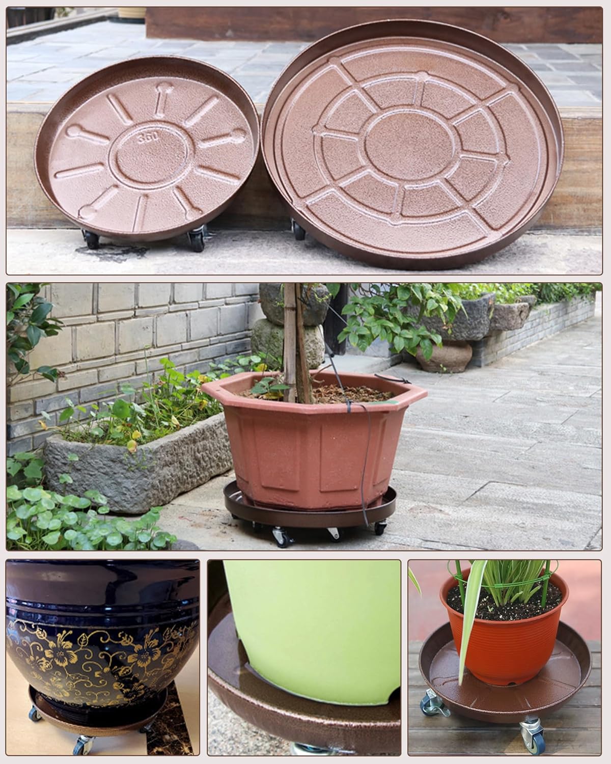 Heavy Duty Plant Caddy with Solid Rubber Wheels, Lockable, Increased Load Capacity, One-Minute Installation, Suitable for Indoor, Outdoor, Patio, Garden Settings, 20 Inches 3PACK, Brown