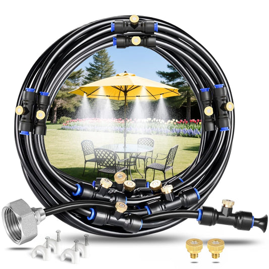 Misting Cooling System 52FT (16M) Misting Line + 18 Brass Mist Nozzles + Brass Adapter(3/4") Outdoor Mister for Patio Backyard Garden Greenhouse Watering Cooling