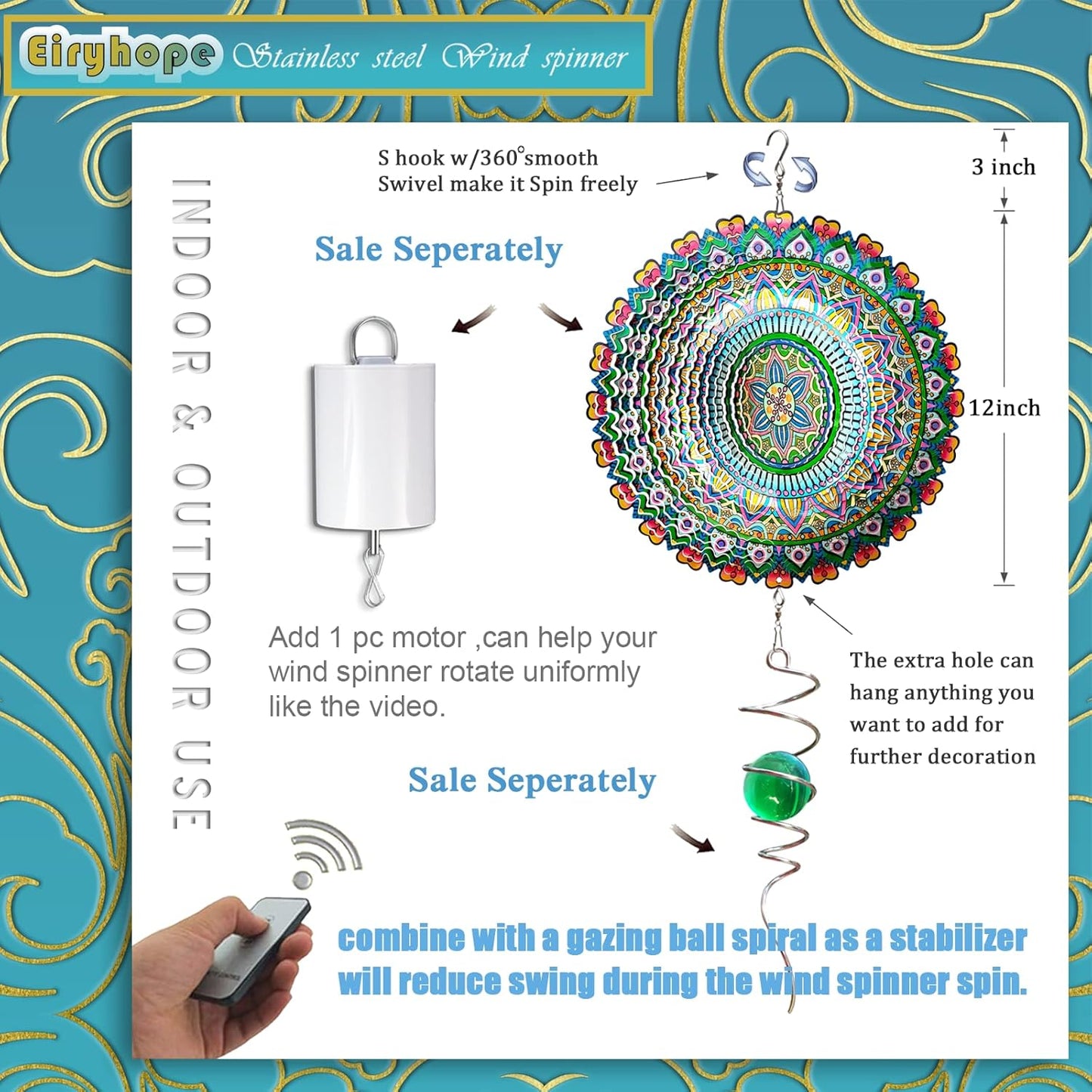 Mandala Rich Love Wind Spinner - 3D Kinetic Wind Spinners | 12″ Laser Cut Stainless Steel Hanging Sculpture & Catcher for Outdoor Garden Yard Decor | Mandala Gifts for Mom, Dad, Women, Men