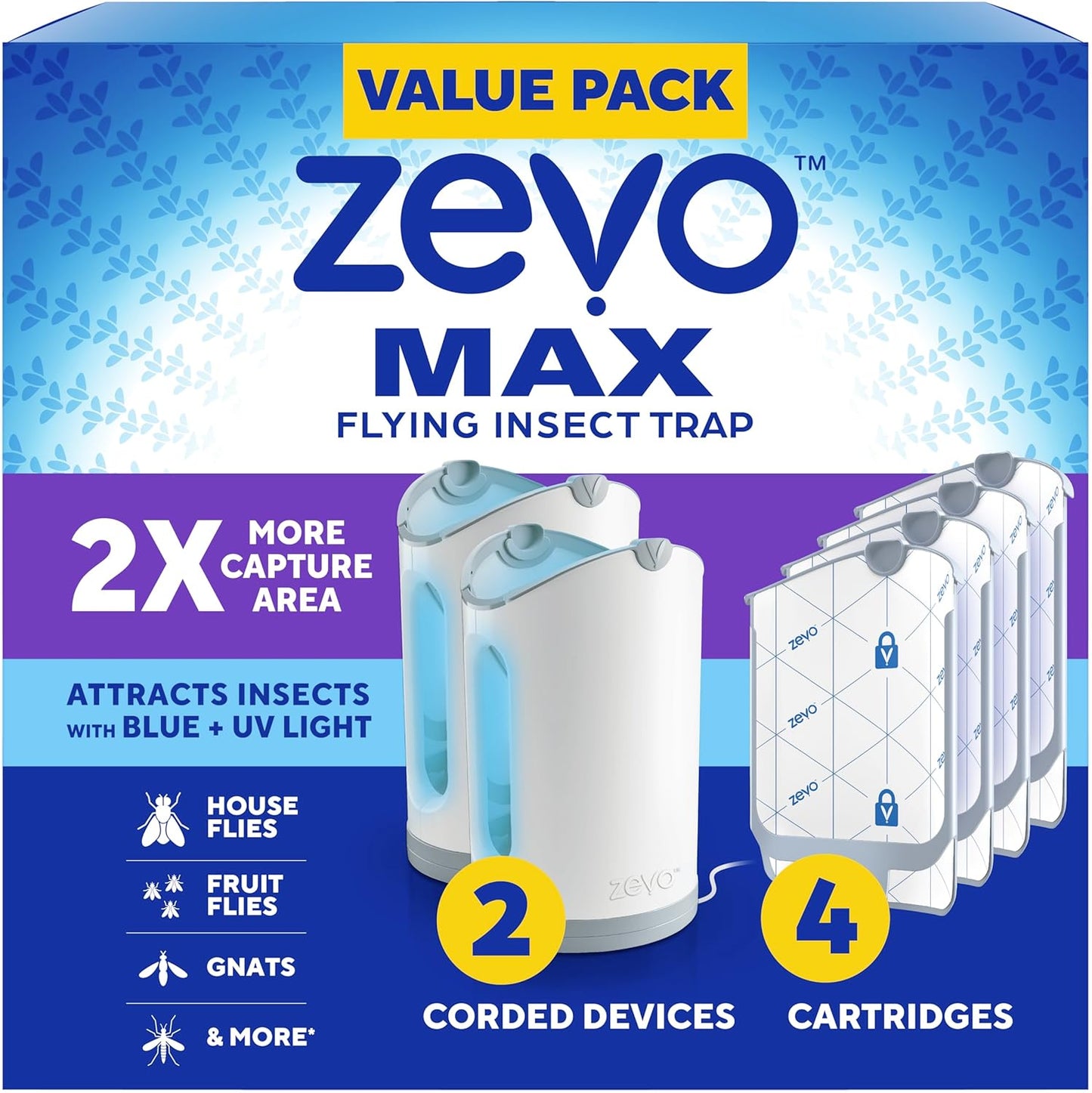 Zevo MAX Bug Catcher & Fly Trap for Indoors - Flying Insect Trap for Gnats, House & Fruit Flies - Use in Any Room - No-Mess Disposal (2 Plug in Bases & 4 Cartridges)