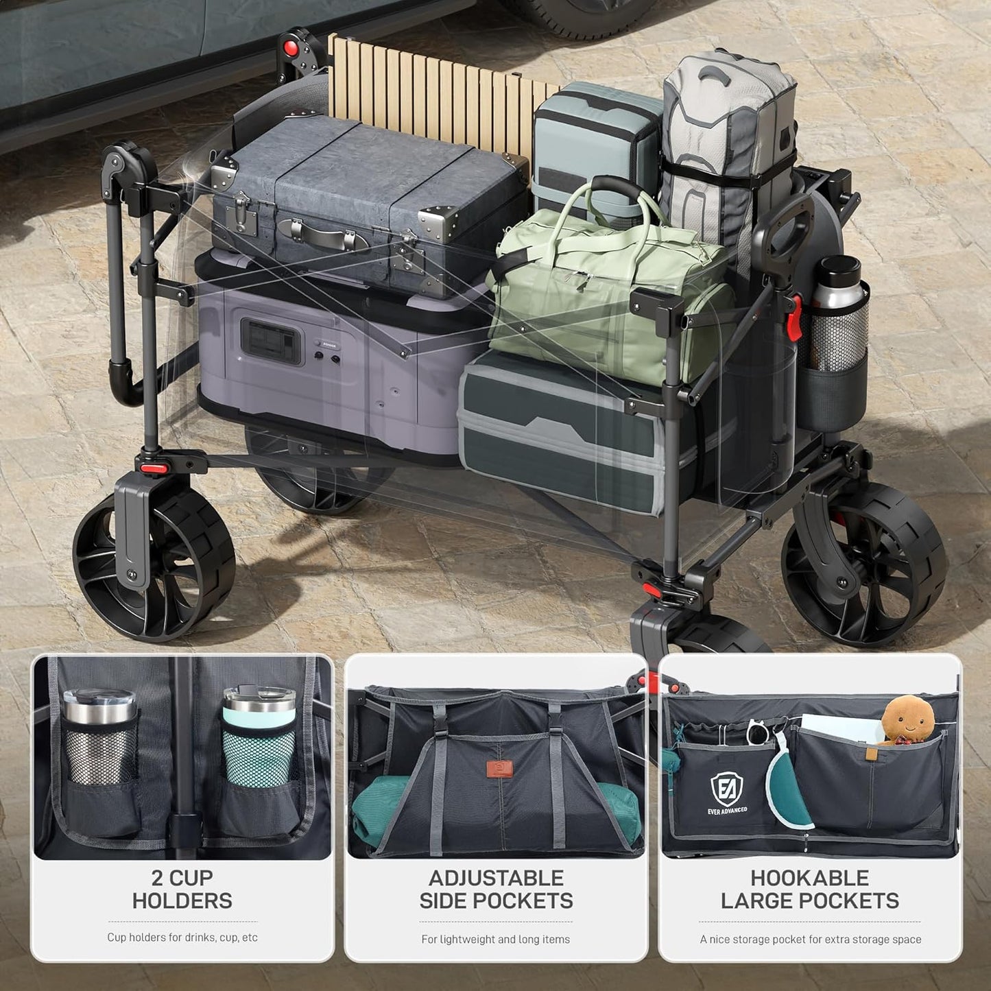 EVER ADVANCED Folding Push Wagon with Brakes, Portable Shopping Cart, Collapsible Wagon Cart with All-Terrain Big Wheels for Camping, Beach, Sports