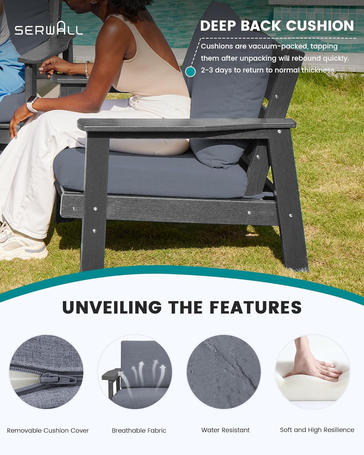 SERWALL HDPE Outdoor Couch Set of 2, Grey Frame and Grey Cushion