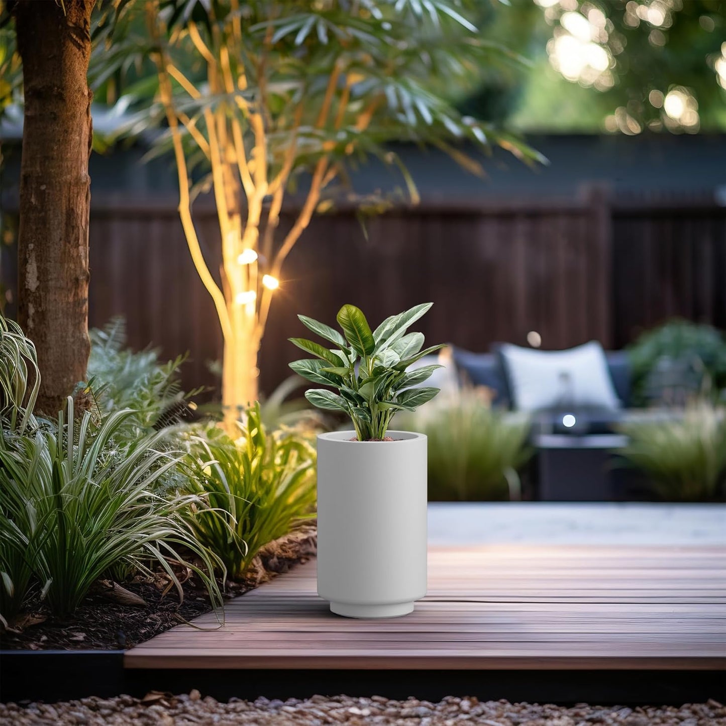 Kante 15.7 Inch Tall Concrete Planter, Round Pedestal Design Garden Pot for Indoor Outdoor Plants, Modern Garden Pot with Drainage Hole, White Finish with Aqua Blue Interior