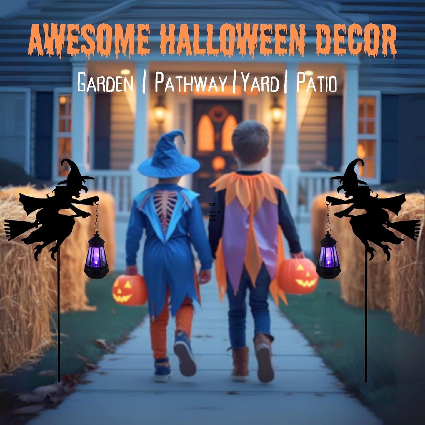 Halloween Witches Outdoor Solar Lanterns 2 Pack - Halloween Decorations Outdoor Witch Statue, Solar Garden Stakes, Metal Yard Decor, Whimsical Decor for Patio (Purple Light)