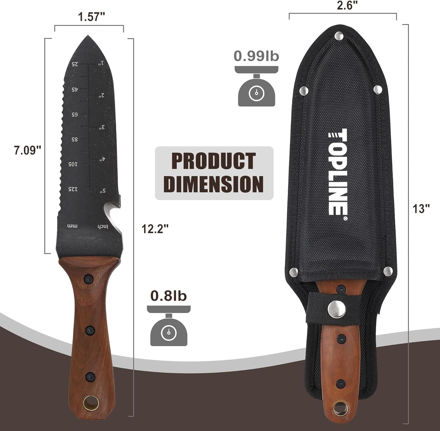 TOPLINE Hori Hori Garden Knife with Oxford Sheath, 7" Stainless Steel Blade with Cutting Edge, Full Tang Walnut Handle with Hanging Hole, Multifunctional Garden Tools for Weeding, Planting, Cutting
