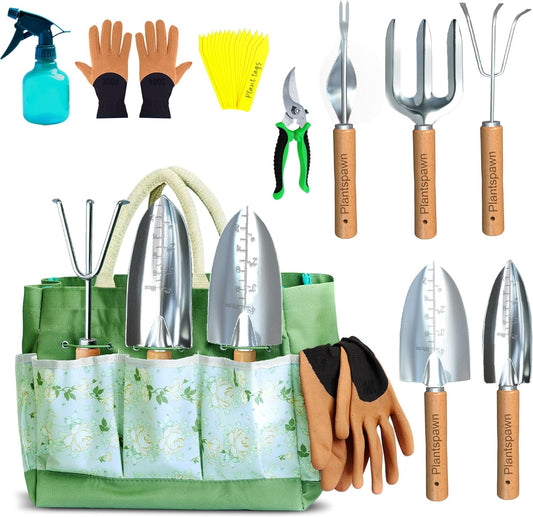 24-Piece Gardening Tools Set with Bag – Heavy-Duty Rust-Proof Hand Tools with Wooden Handles Including 15 Plant Tags – Ideal Gift for Women, Men, Mom, Dad & Gardeners