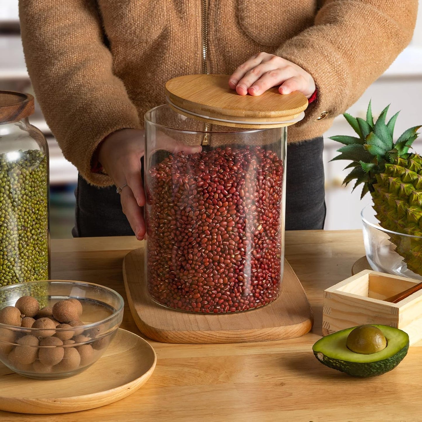 Food Storage Jars,2pack-105 Ounces3100ML -Stackable Glass Storage Containers Clear Glass Food Canister with Bamboo Lid Airtight For Serving Tea, Coffee, Flour, Sugar, Candy, Cookie, Spice and More