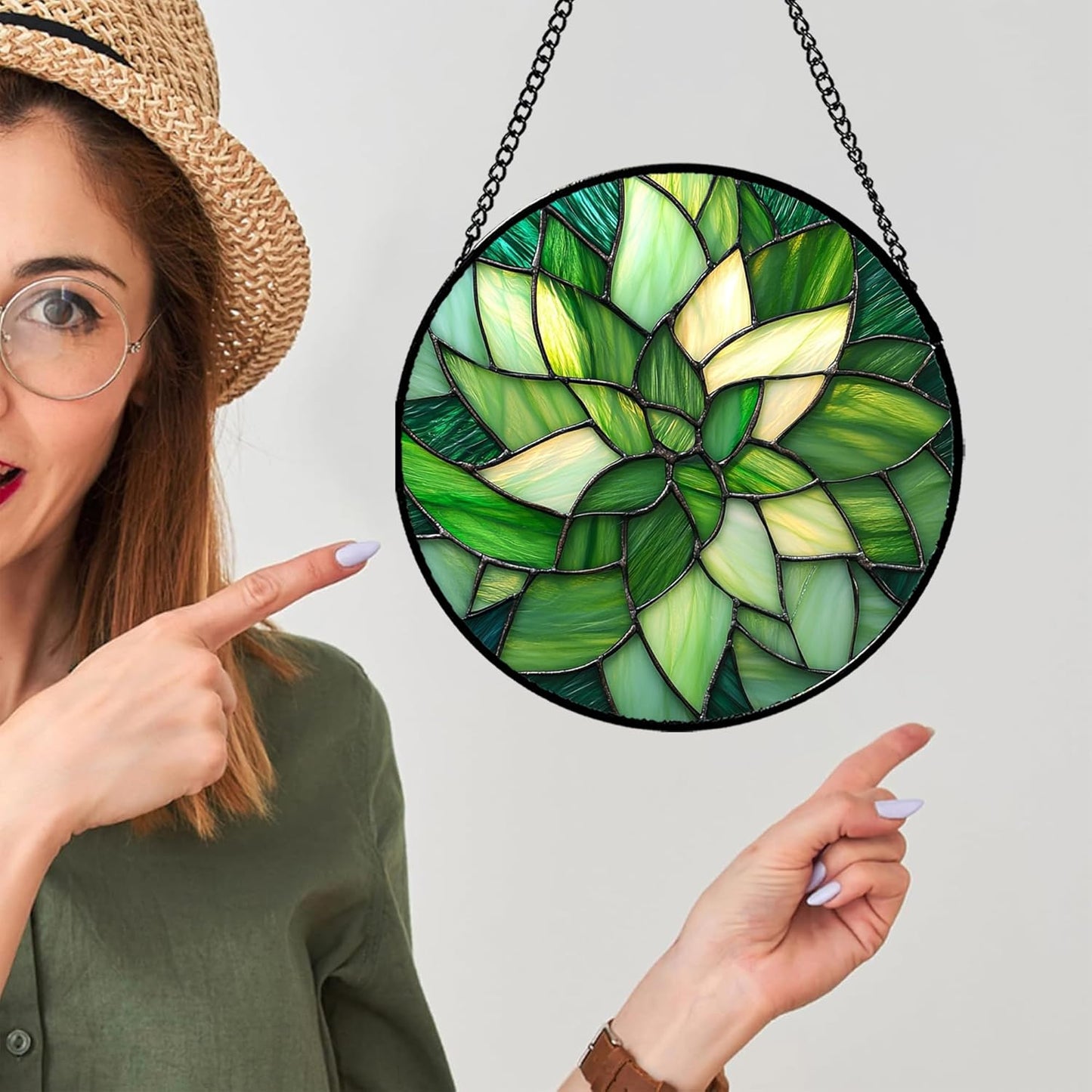 Stained Glass Window Hanging - Green Plants Suncatcher for Doors Garden Patio Flowers Sun Catchers Decor Christmas Mother's Day Birthday Gifts for Women Men Mom Nana Friend 6.3 in