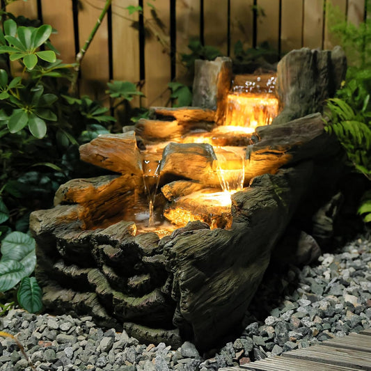 34.5" L Garden Outdoor Water Fountain, Floor Standing Wood Imitation Resin Natural Waterfall Fountains with LED Lights for Patio, Porch, Home Art Decor