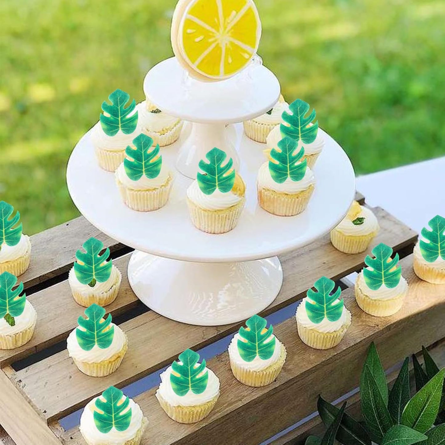 48 PCS Edible Tropical Turtle Leaves Cupcake Toppers Edible Wafer Paper Leaf Cupcake Picks Palm Leaves Cake Decorations For Hawaii Theme Baby Shower Birthday Jungle Party Cake Decoration Supplies