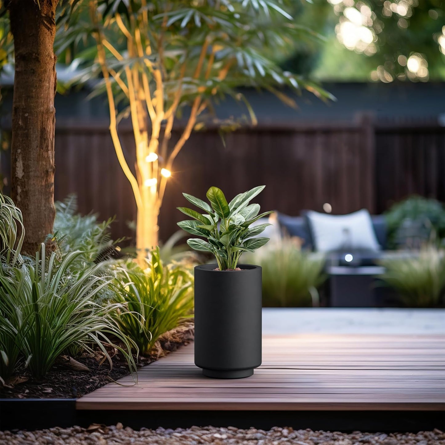 Kante 15.7 Inch Tall Concrete Planter, Round Pedestal Design Garden Pot for Indoor Outdoor Plants, Modern Garden Pot with Drainage Hole, Black Finish with Warm Brown Interior
