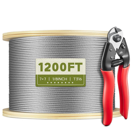1200FT 1/8" T316 Stainless Steel Cable, Wire Rope Aircraft Cable for Deck Cable Fence Railing Kit, and DIY Balustrades, 7x7 Strands Construction, Comes with a Cutter