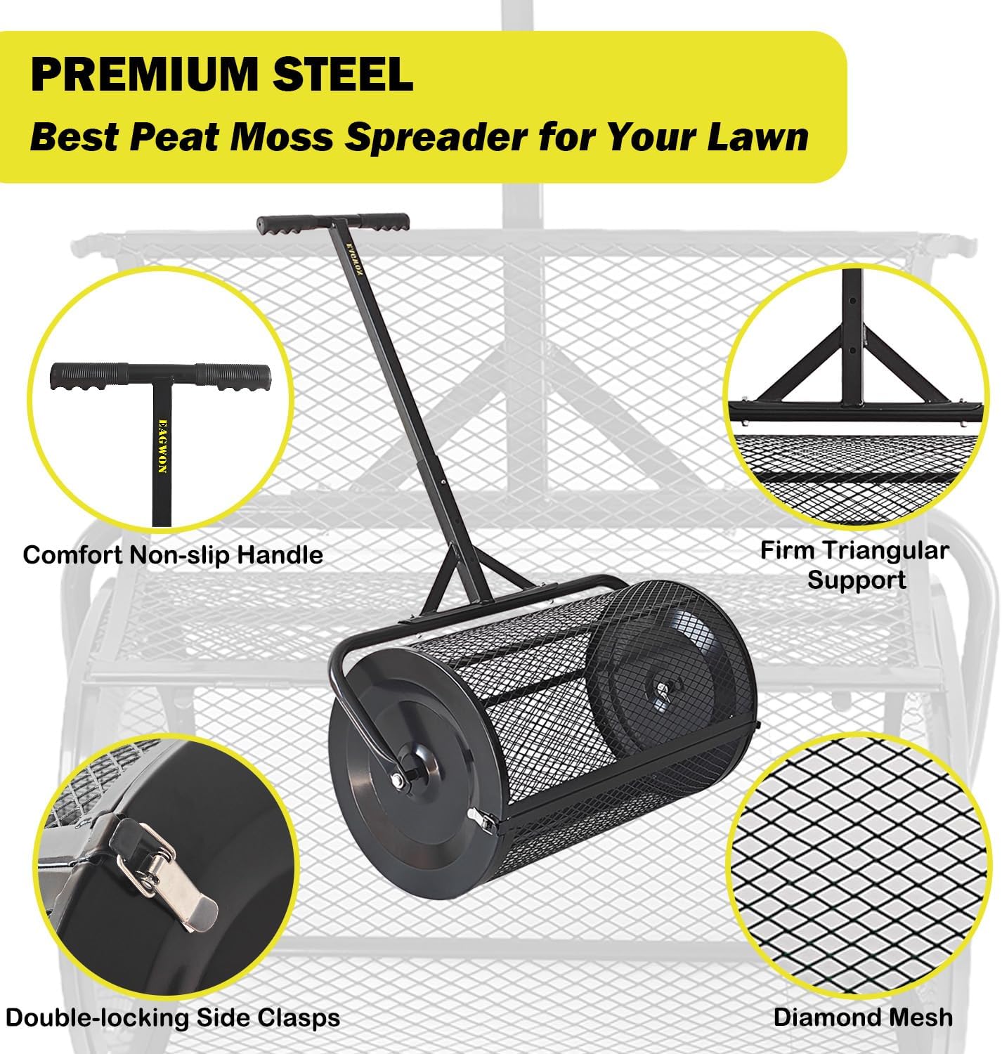 Compost Spreader, 24" Peat Moss Spreader, Roller Lawn Spreader with 3 Heights T Shaped Handle, Side Latches Powder Coated Steel Mesh Basket, Lawn & Garden Spreader for Spreading Manure Topsoil Black