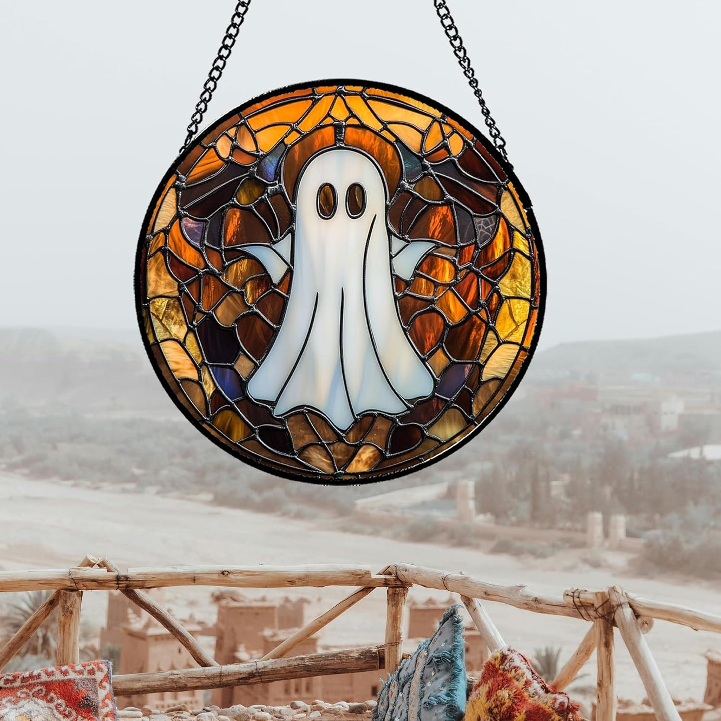 Stained Glass Window Hanging Halloween White Horror Ghost 9.8" - Suncatcher Door Garden Kitchen Sun Catcher Home Gothic Decor Birthday for Mom Men Woman Friend Grandma