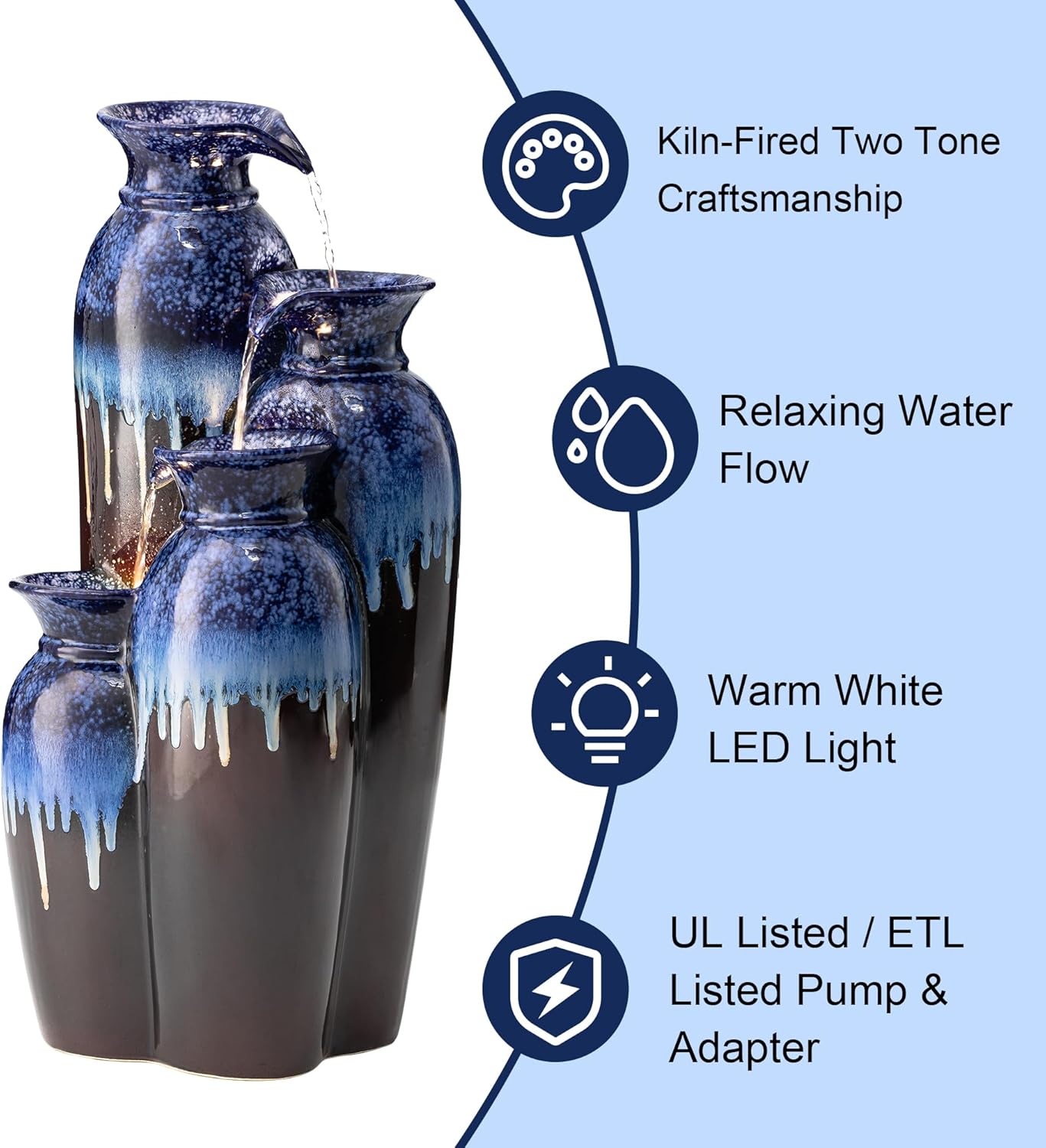 Glitzhome 30.75" H Vase Ceramic Outdoor Water Fountain with LED Lights and Pump, 4-Tier Cobalt Blue and Brown Reactive Glaze Cascading Pots Standing Fountain for Porch Deck Garden Patio Backyard