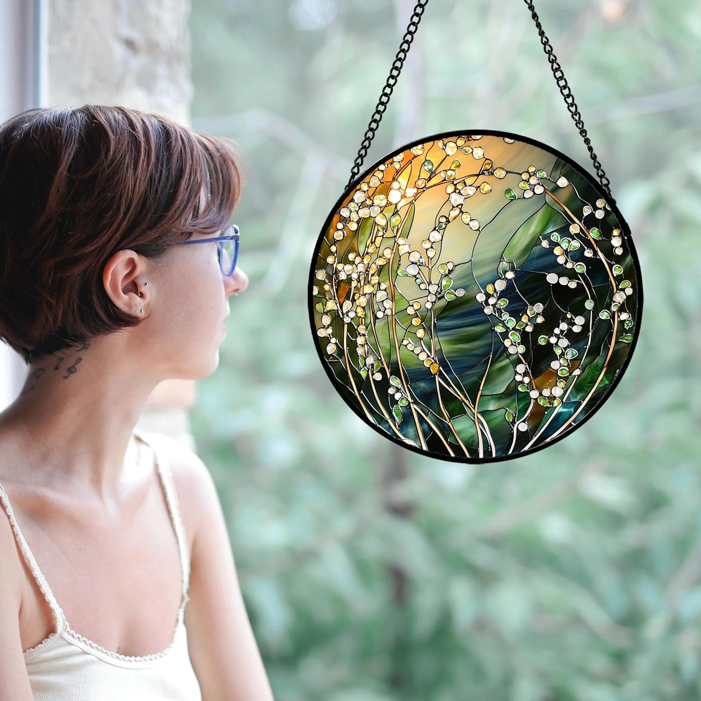 Stained Glass Suncatcher, Yellow Green Gradient Flower Sun Catcher Plants Stain Glass Window Hanging Decoration Mother's Day Birthday Gifts for Women Men Mom and Nana 9.8 in