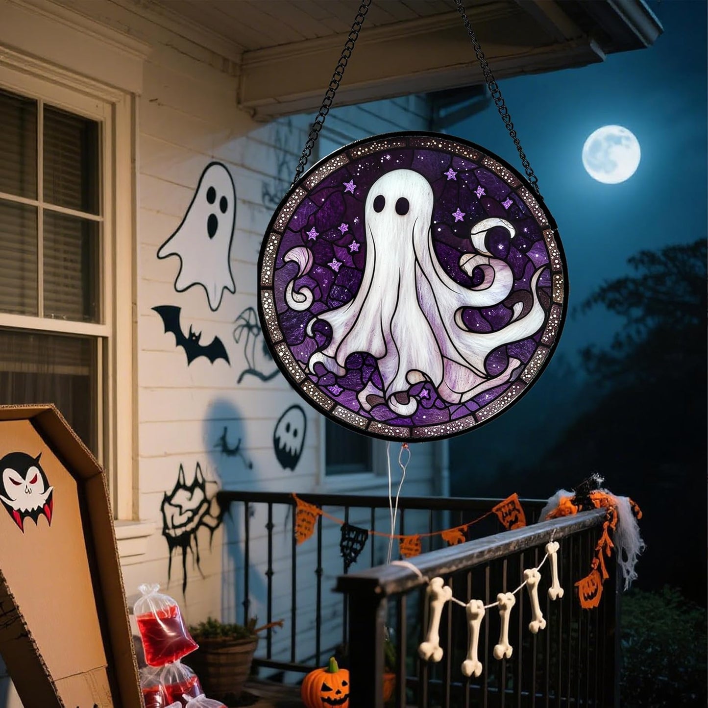 Stained Glass Window Hanging - Halloween Decorations White Ghost Purple Stars Suncatcher for Doors Garden Spooky Funny Sun Catchers Gothic Decor Horror Gifts for Women Men Friend 7.8 in