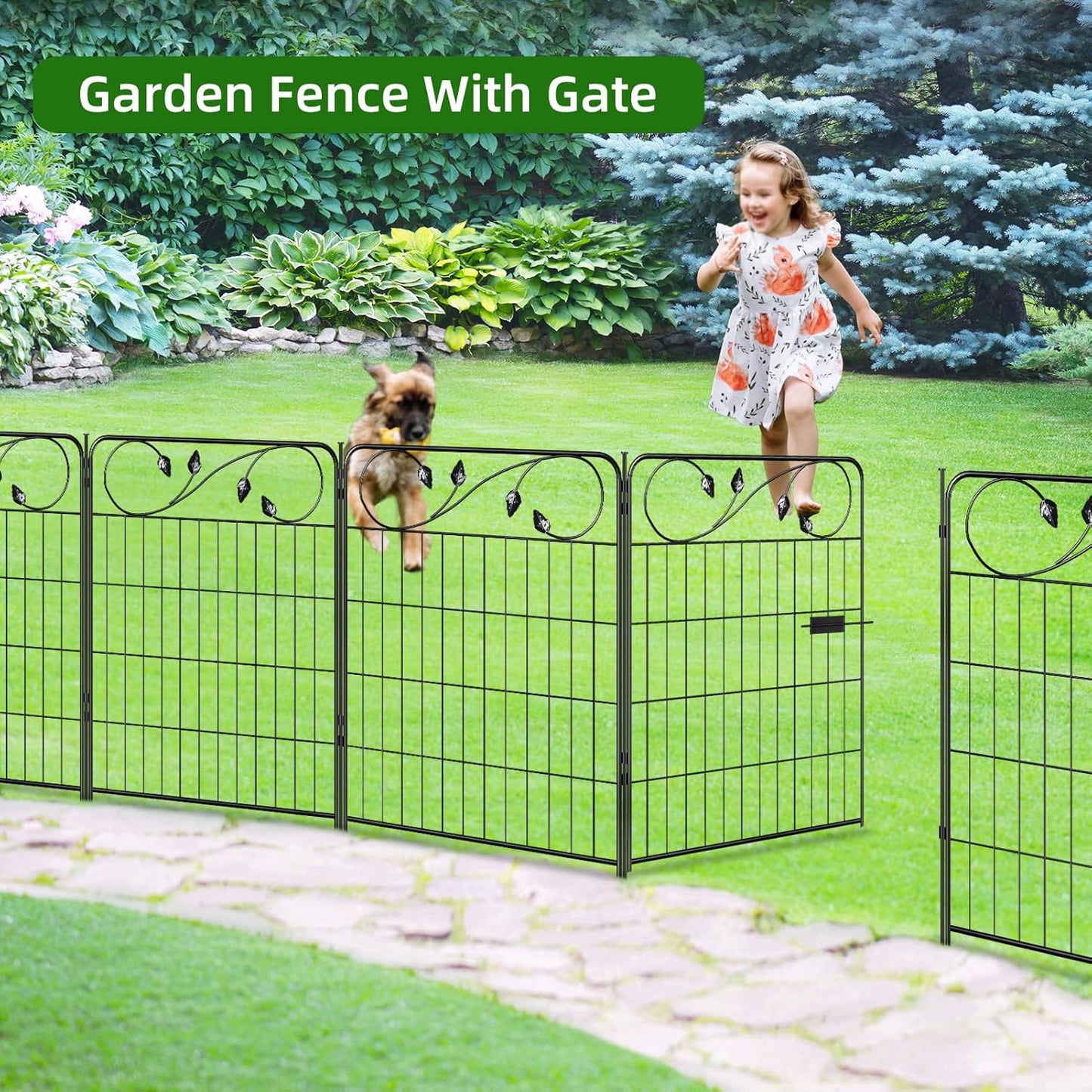 Decorative Metal Garden Fence 30in(H) X16ft(L) 1 gate+7 Panels Temporary Dog Fence Border for Landscape Patio Outdoor with gate, No dig Garden Fencing Gates for Yard