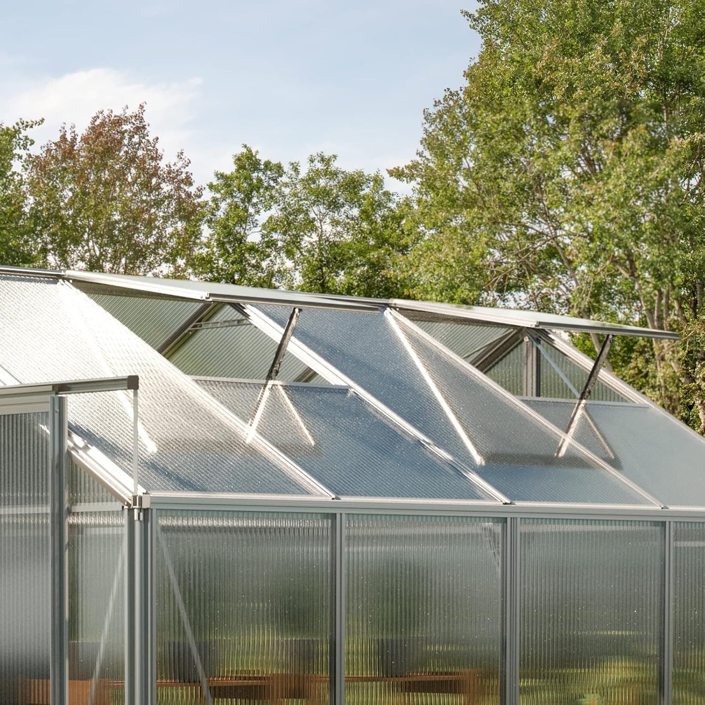 Greenhouse Saphir 3 Aluminum Frame 8.5 x 6.4 ft Approx. 6 mm Polycarbonate Panels - with Bonus Base Frame and Automatic Vent Opener
