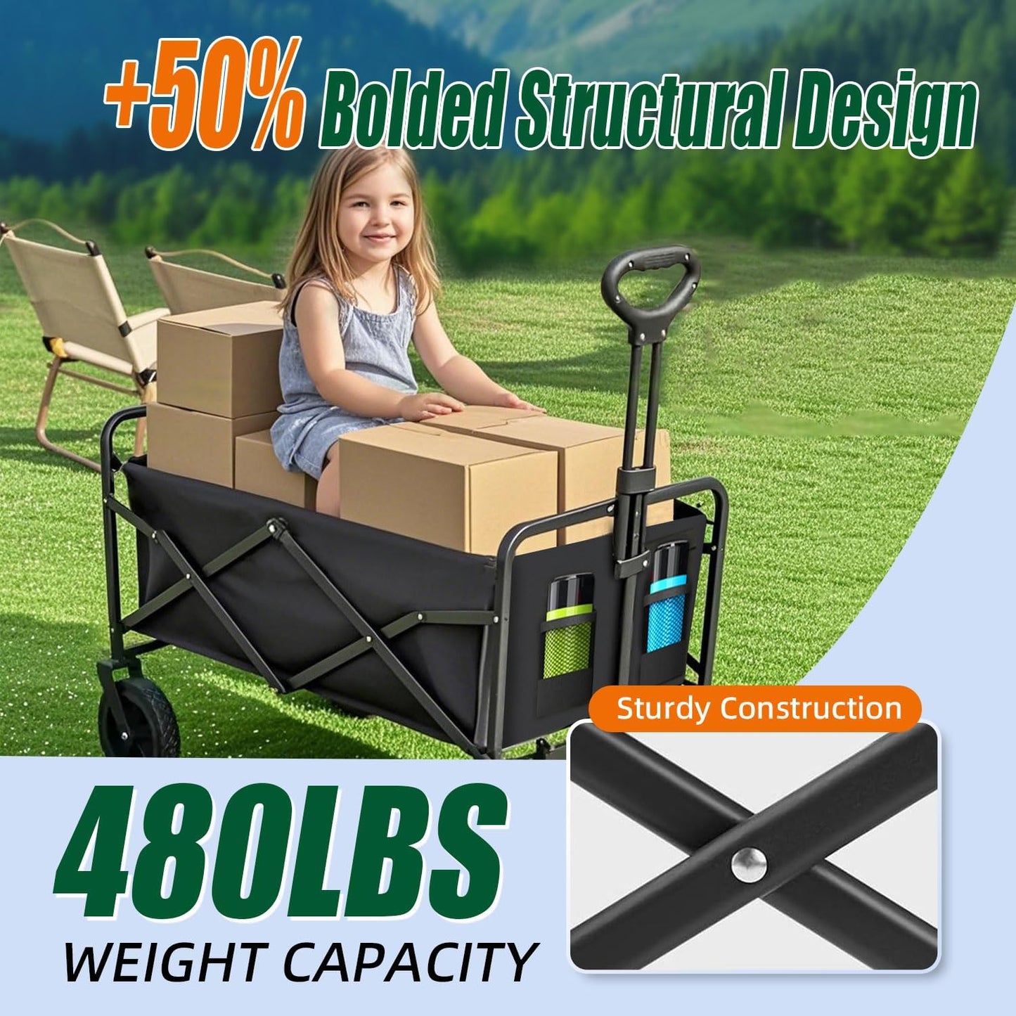 Collapsible Wagon Cart Foldable 37" L 480lbs Capacity, Heavy Duty Beach Wagon, Shopping Carts with Wheels for Grocery, Camping, Shopping, Beach, Fishing, Garden Cart