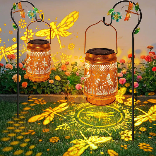 2 Pack Solar Lanterns Outdoor Waterproof Dragonfly Garden Decor, Birthday Gifts for Women Mom Grandma Hanging Solar Lights Metal LED Decoration with Shepherd Hook Outside for Yard Porch Lawn Patio