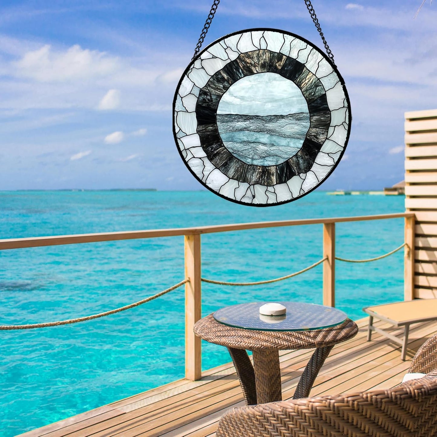 Stained Glass Window Hanging - Abstract Sea Surface Suncatcher for Doors Garden Patio Round Sun Catchers Decor Christmas Mother's Day Birthday Gifts for Women Men Mom Nana Friend 9.8 in