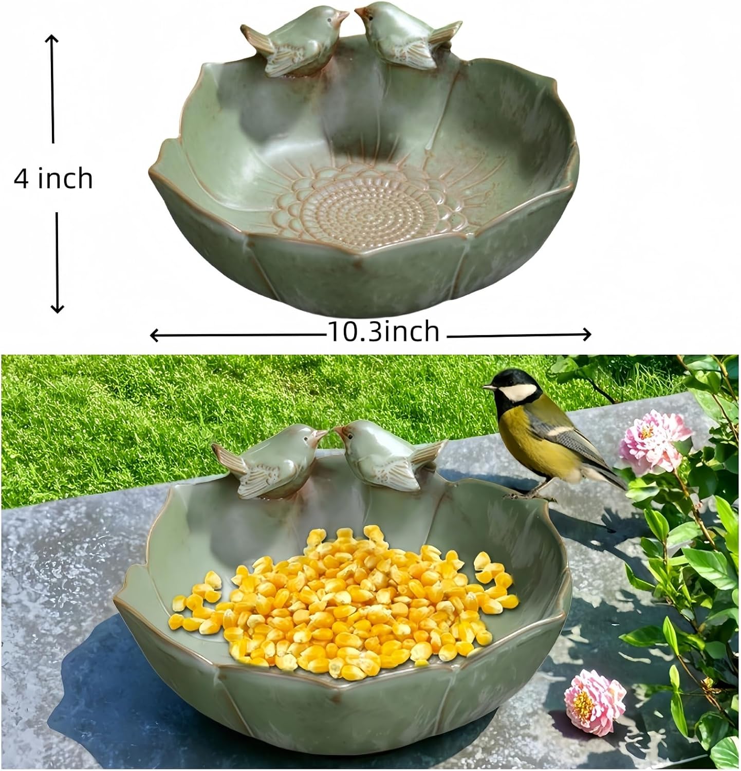 Bird Bath for Outside on Ground, 10 in Ceramic Birds Bath Bowl, Handmade Ground Bird Feeders and birdbath for Outdoors for Outdoors, Garden, Tabletop, Balcony and Lawn (Big - deep)