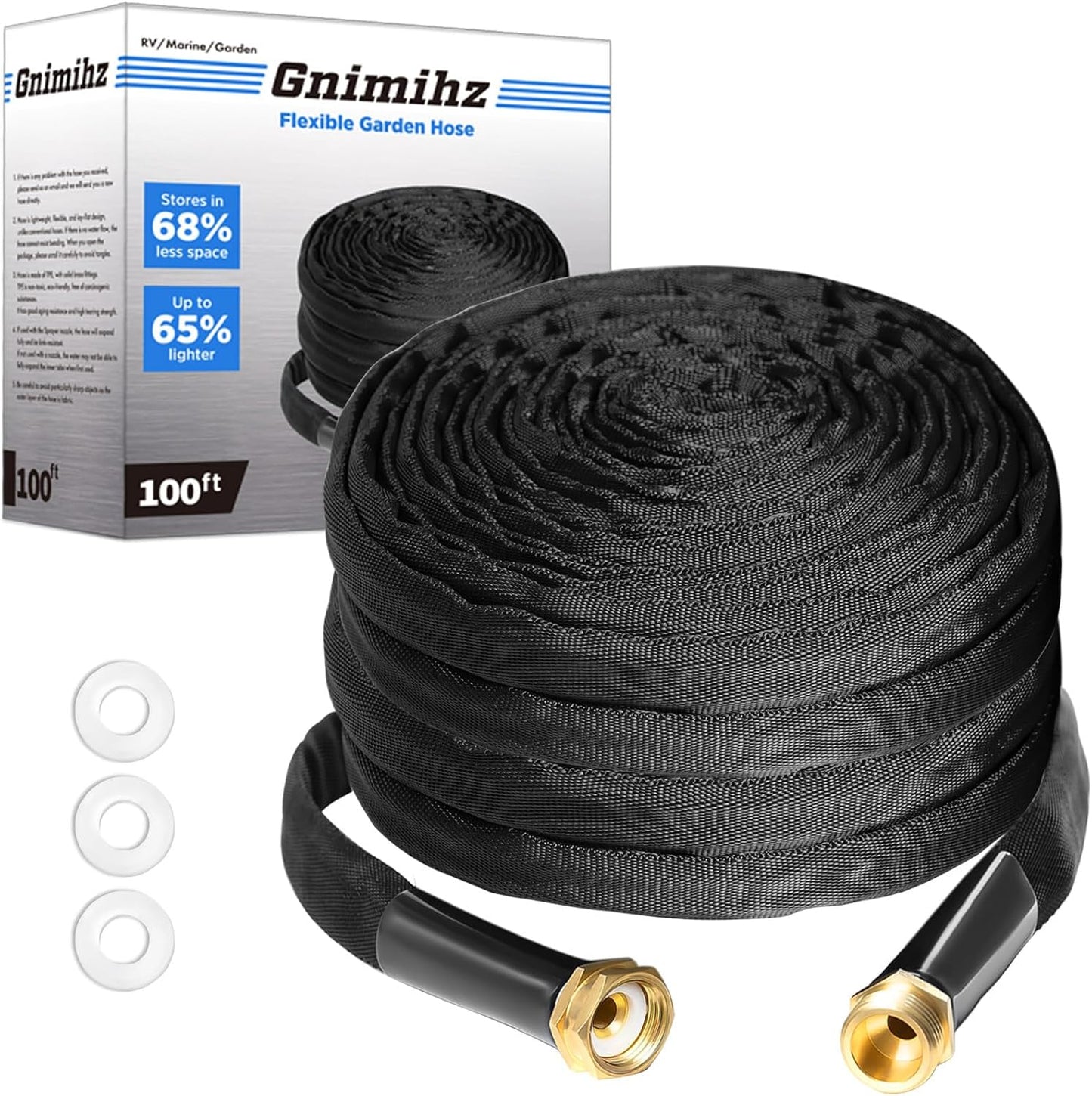 Garden Hose 100ft, Made of TPE(Not PVC), Ultra-Light & Flexible Water Hose with Solid Brass Fittings, Non-Shrinking, Easy to Storage, Drinking Water Safe Material, All-weather, Black, Newbox