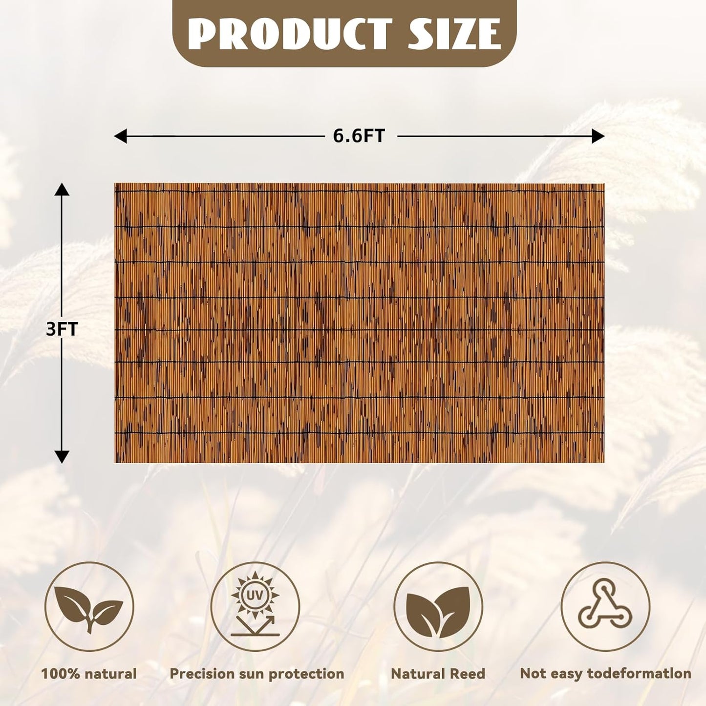 Bamboo Reed Fencing, Light Russet Bamboo Screens Outdoor for Patio, Decorative Balcony Privacy Screen Reed Fence Rolls Curtains for Garden Backyard, 3 x 6.6 FT