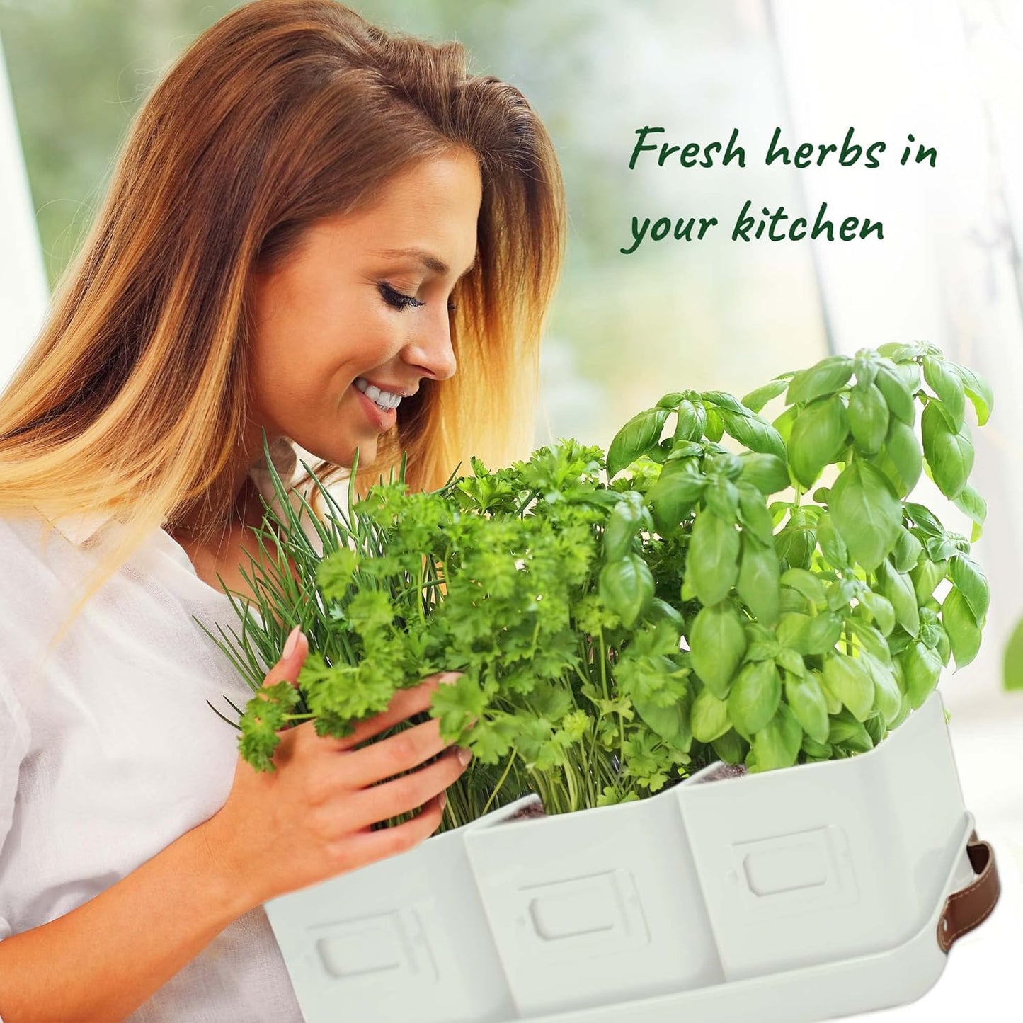 Herb Planter Indoor - Set of 3 Warmstone Indoor Herb Garden Pots for Plants with Leather Handled Tray - Window Sill Plant Shelf - Herb Pots with Drainage Holes and Labels