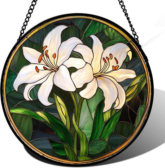 Stained Glass Window Hanging, White Lily Suncatcher for Door Garden Patio Birth Flower Green Plant Sun Catchers Decor Christmas Mother's Day Birthday Gifts for Women Mom Nana Friend 15 in