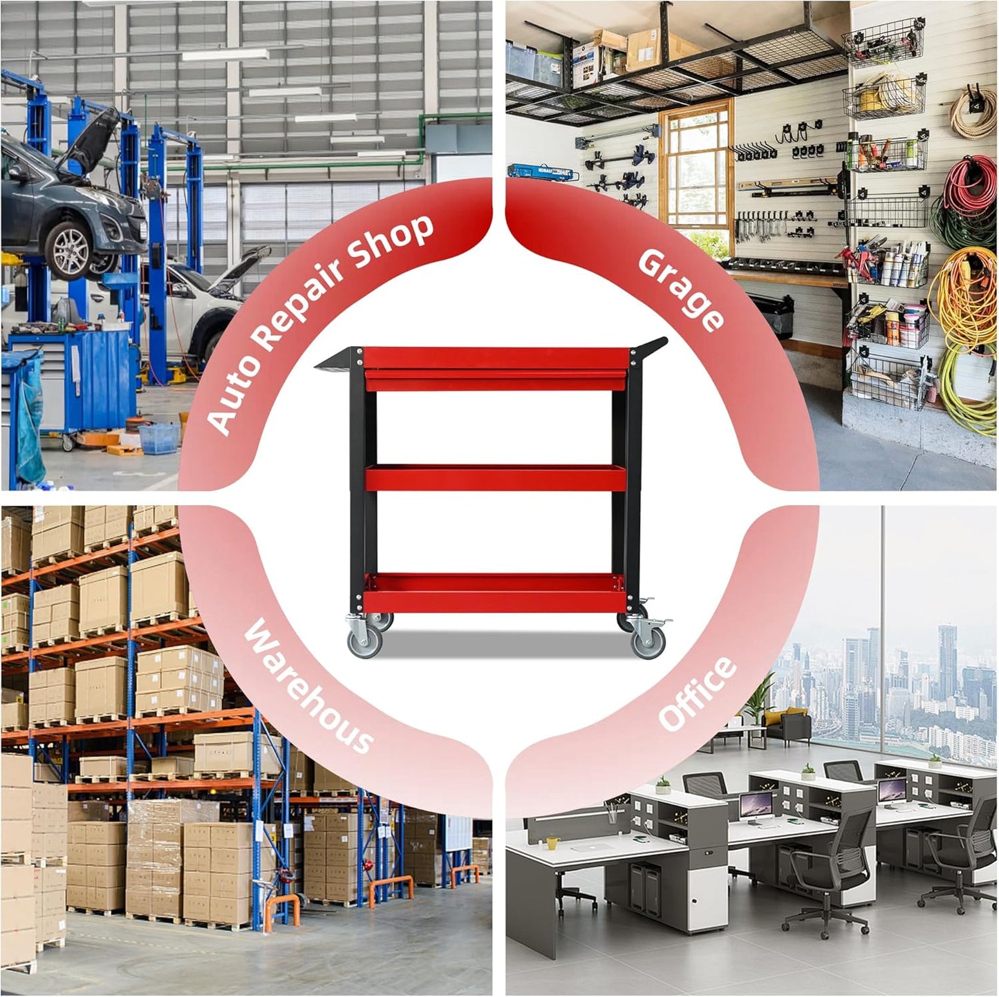 3 Tier Tool Cart on Wheels, Heavy Duty Metal Rolling with Drawers and Pegboards, 660 LBS Load Capacity Tool Storage Cart, Industrial Utility for Garage, Warehouse, Workshop