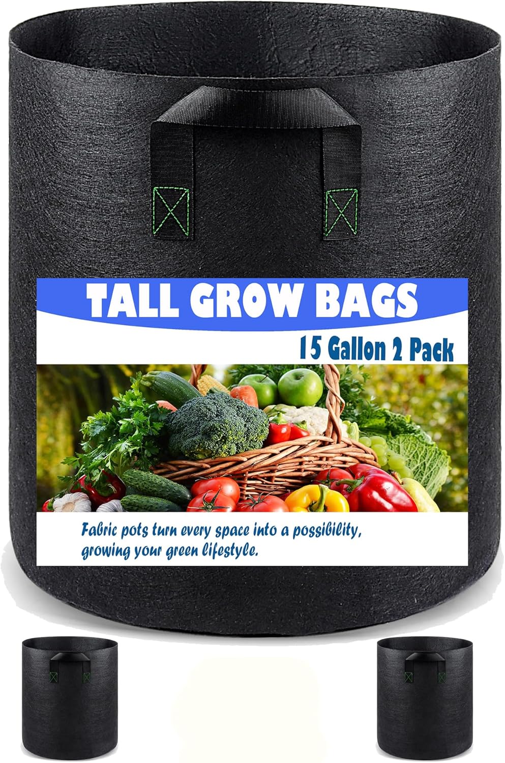 15 Gallon 2 Pack Grow Bags, Heavy Duty Nonwoven Aeration Fabric Plant Grow Pots for Vegetables