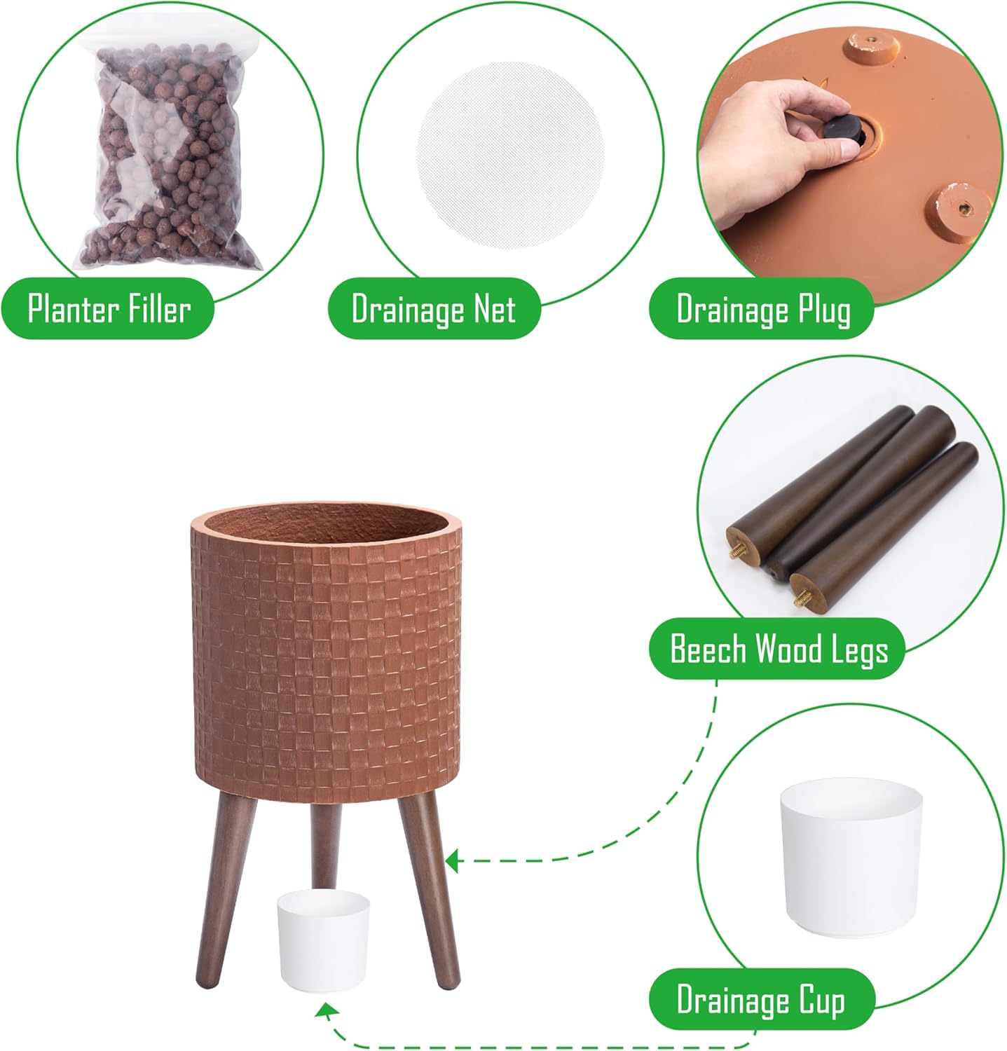 D'vine Dev 10 Inch Modern Geometric Tile Patterned Sleek Planter Pot with Stand, Indoor Outdoor Decorative Plant Holder, Terra Cotta, 88-Z-B-3