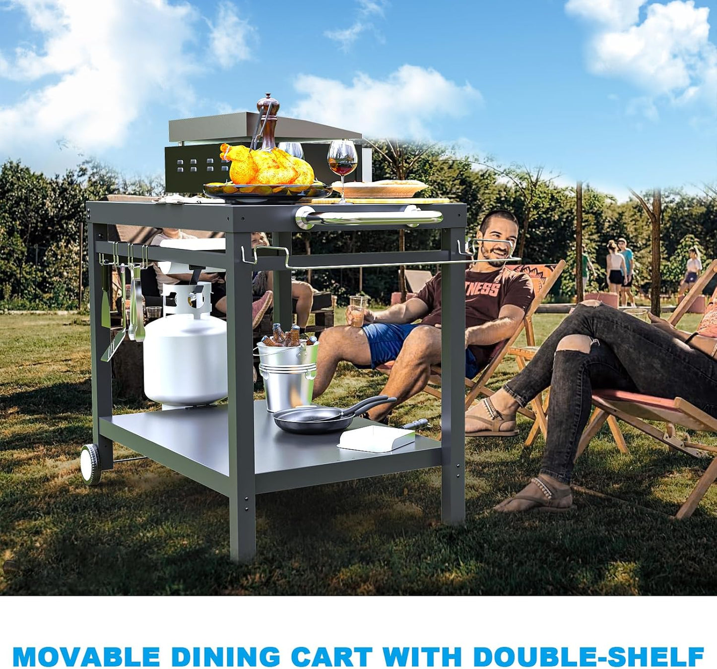 LS'BABQ Outdoor Grill Table Cart, Pizza Oven Stand, BBQ Prep Table with Trash Bag Holder Wheels & Hooks, Double-Shelf Movable Food Prep and Work Stand, Powder-Coated Steel Flattop Grill Cart